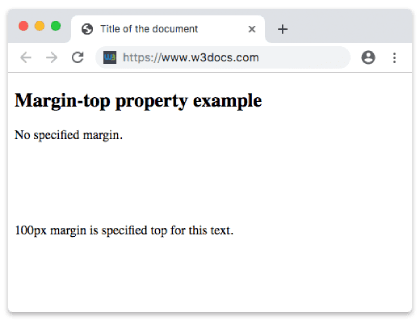 Пример свойства CSS margin-top, показывающий 100px пространства над абзацем