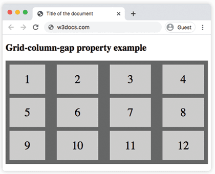 Свойство CSS grid-column-gap: четырёхколоночная сетка с промежутком 30px между столбцами и промежутком 10px между строками