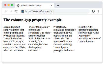 Свойство CSS column-gap со значением normal, отображающее четыре столбца