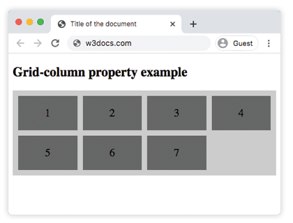 Свойство CSS grid-column: блок 6 охватывает столбцы 2–4 в сетке