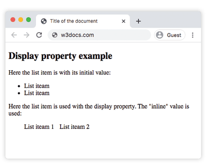 Пример свойства CSS display: элементы списка отображаются в строку