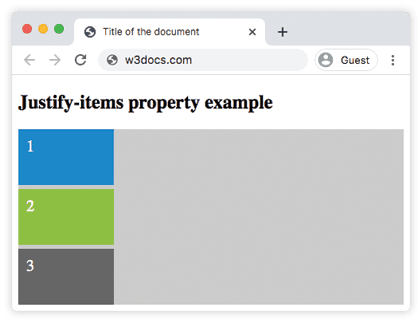 CSS justify-items start: три элемента сетки выровнены по левому краю каждой ячейки