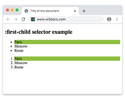 Пример псевдокласса CSS :first-child